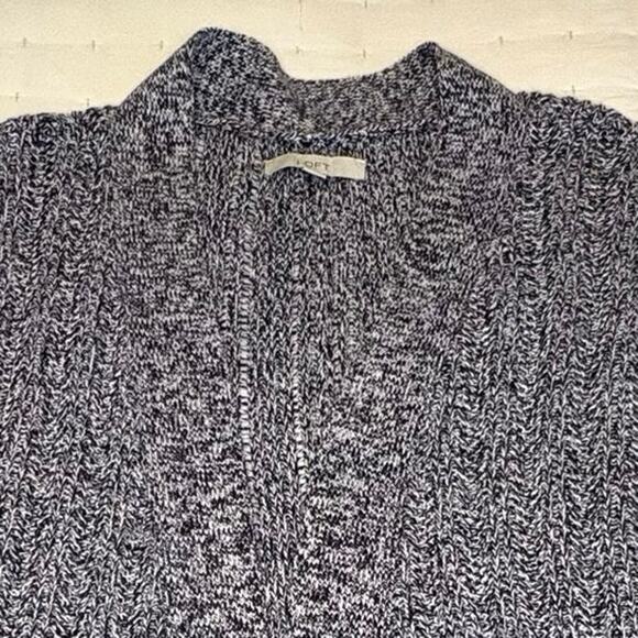 LOFT Marled Pointelle Open Cardigan Women’s L Navy White - Picture 6 of 12